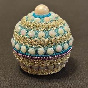 Vintage Bejeweled and Beaded Round Metal Trinket Box - Teal and Purple Cupcake